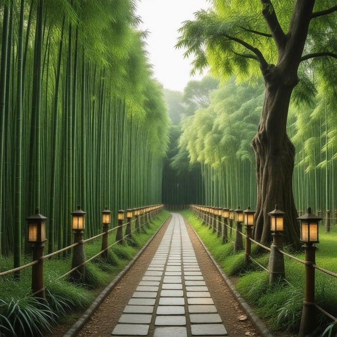 Esta imagem é uma bela representação de uma floresta de bambu serena e pacífica, perfeita para uso como papel de parede para desktop ou celular. A imagem apresenta um labirinto de árvores de bambu e lanternas de pedra, cercadas por uma floresta densa e uma grande árvore com folhas verdes.