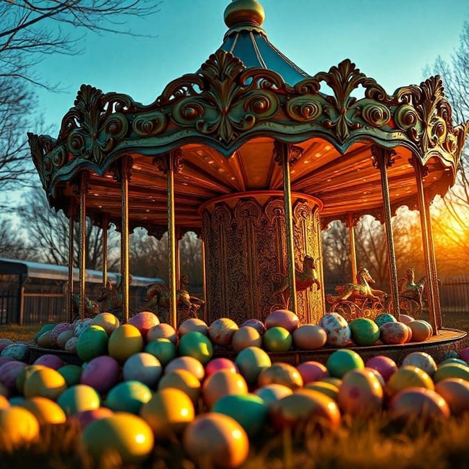 Celebrate the joy of Easter with this vibrant wallpaper featuring colorful eggs scattered in the park. The image captures the essence of the holiday, perfect for desktop and mobile use.