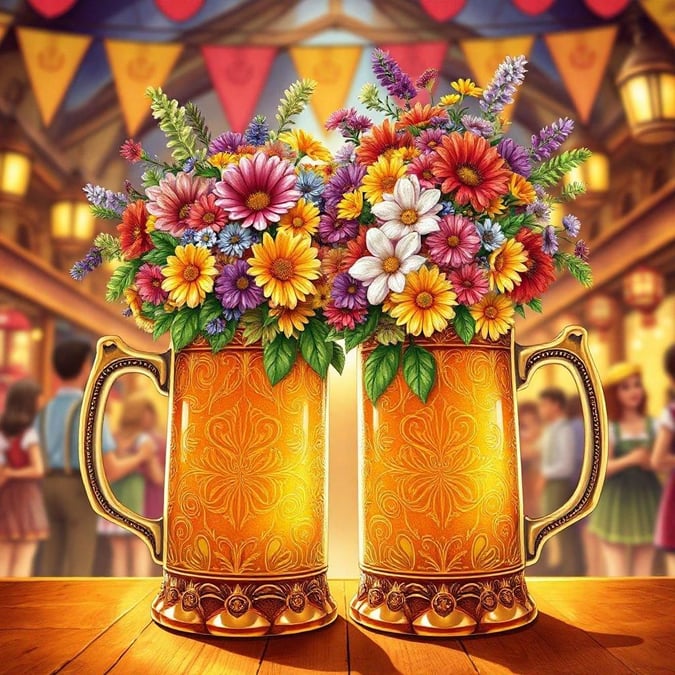 Vibrant flowers in ornate mugs, ready to spread joy at Oktoberfest festivities. A cheerful ambiance with people enjoying the celebration.