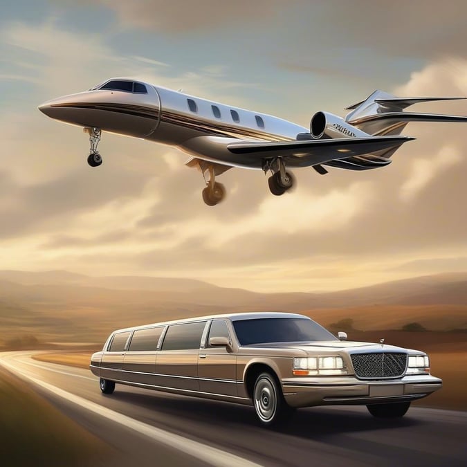 A sophisticated scene with an airplane soaring above, symbolizing travel and adventure, and a limousine below, representing luxury and elegance.