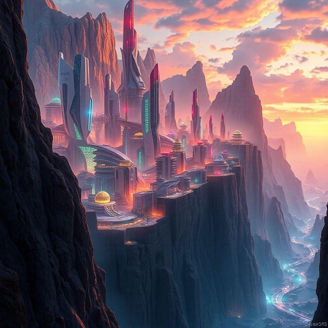 Explore the breathtaking beauty of a futuristic city nestled in the mountains, where towering skyscrapers meet the sky and technology harmonizes with nature.