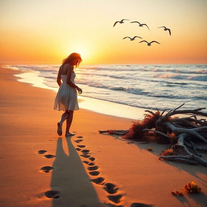 A woman walking along the shore at sunset, with birds flying over her head. The golden light reflects off the wet sand and ocean waves gently lap onto the beach.