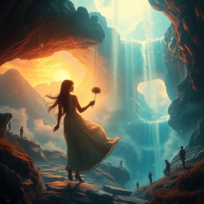 A magical scene with a young woman holding a flower, standing on the edge of a mystical waterfall within an enchanted valley.