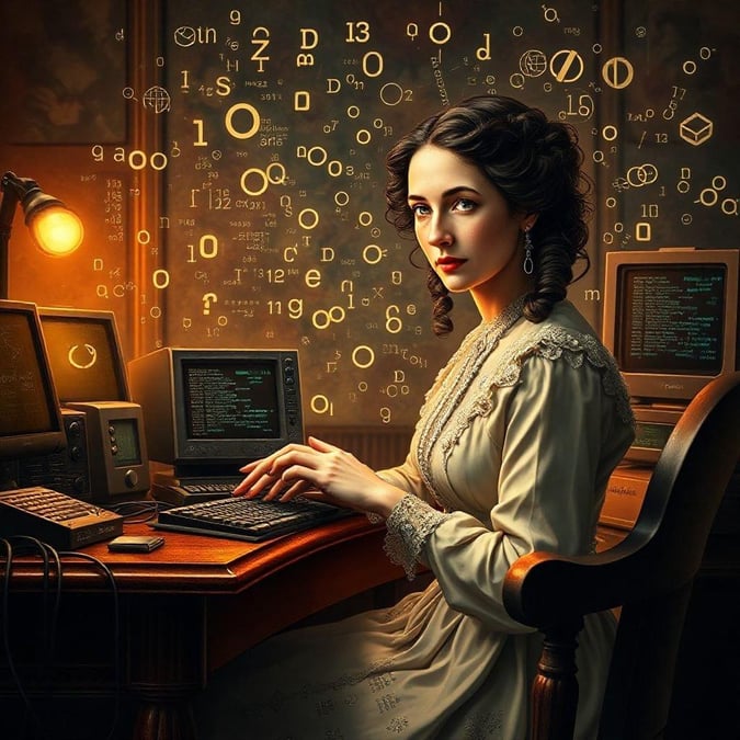 A steampunk-inspired portrait of a Victorian woman, possibly an inventor or mathematician, engrossed in her work at a desk filled with mechanical calculators and paperwork.