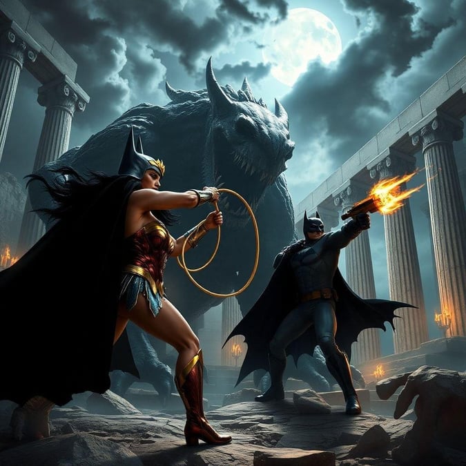 In this epic comic book-inspired scene, Wonder Woman and Batman stand strong against a ferocious monster, showcasing their bravery and teamwork as they prepare to take on the beast.