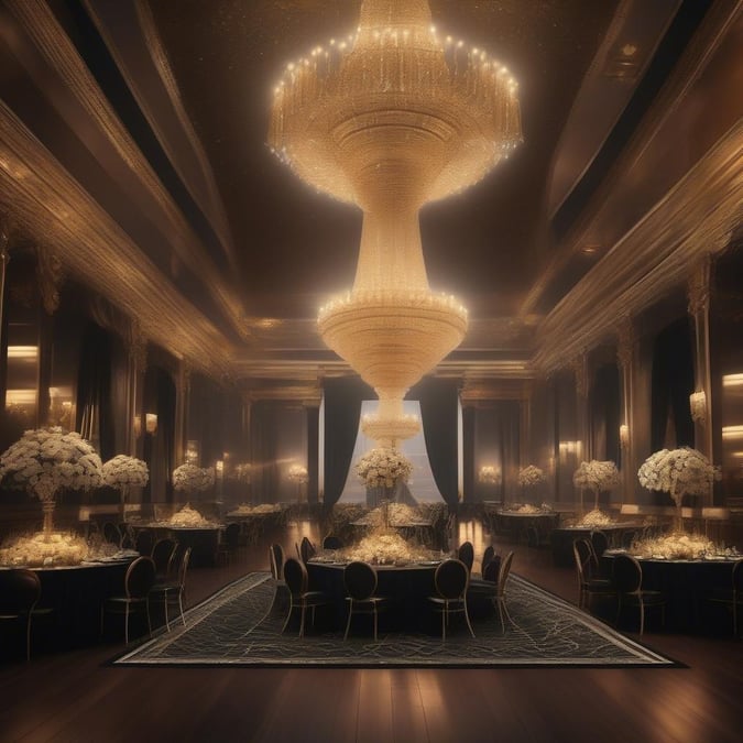 A luxurious ballroom interior, ready for a grand event. The room is adorned with intricate details and a large chandelier hanging from the ceiling.