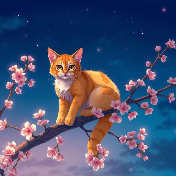 Um papel de parede sereno inspirado em anime com um majestoso gato em meio a uma árvore de flores de cerejeira, contra um suave céu rosa.