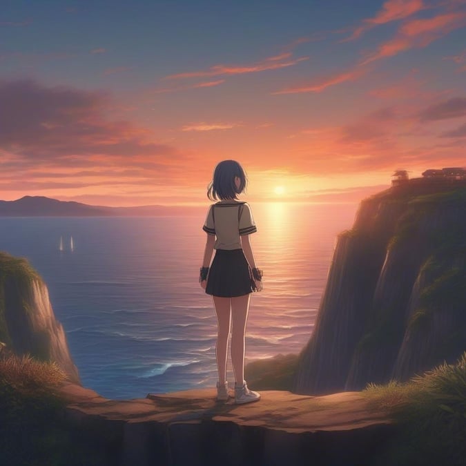 A young anime character standing on a cliff overlooking the ocean at sunset. The character gazes into the horizon with a sense of wonder or contemplation, as the sky transitions from the warm hues of the setting sun to the cooler tones of the night sky.