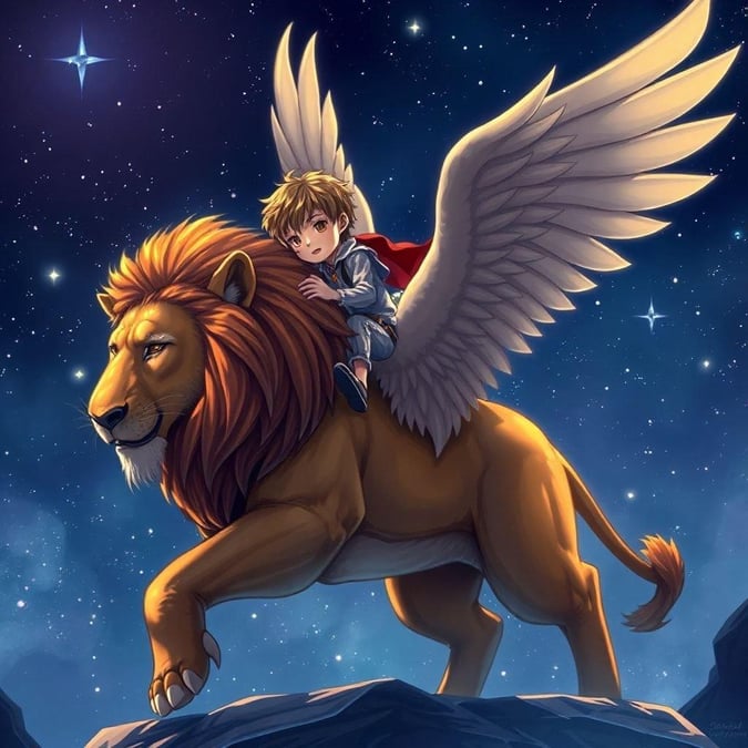 This captivating wallpaper features a young boy riding a majestic winged lion through a starry night sky, creating a breathtaking and imaginative scene.