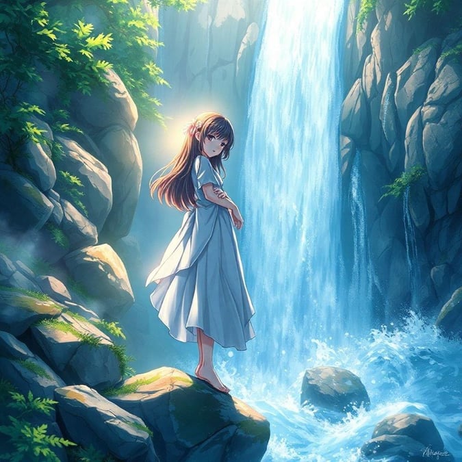 Questa affascinante illustrazione anime presenta una giovane ragazza in piedi sul bordo di una cascata rocciosa, il suo volto parzialmente oscurato da una misteriosa luce eterea. La scena vibrante, con i suoi colori vivaci e dettagli intricati, cattura un senso di incanto e intrigo.