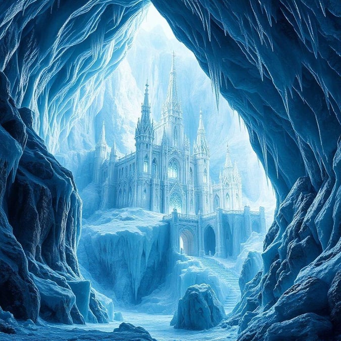 This breathtaking image captures the beauty of a frozen castle, surrounded by a serene and icy landscape. The castle's intricate architecture and the snow-covered surroundings create a sense of wonder and enchantment.