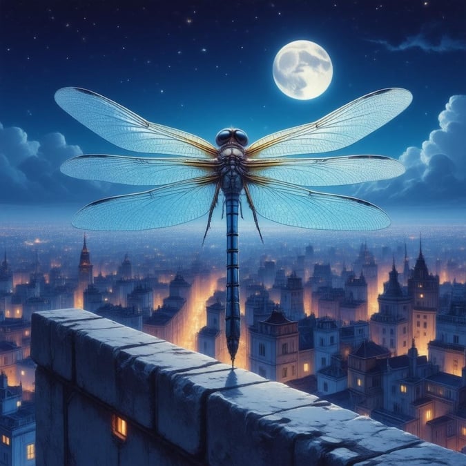 A peaceful night scene where a majestic dragonfly perches on a city wall, surveying the bustling metropolis below under a moonlit sky.