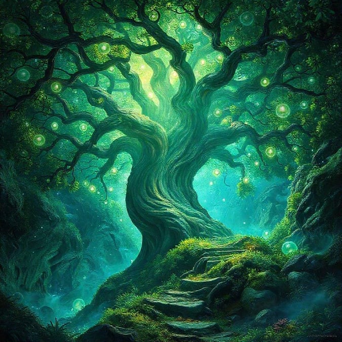 A mysterious ancient tree, bathed in otherworldly light, inviting travelers to a magical realm.