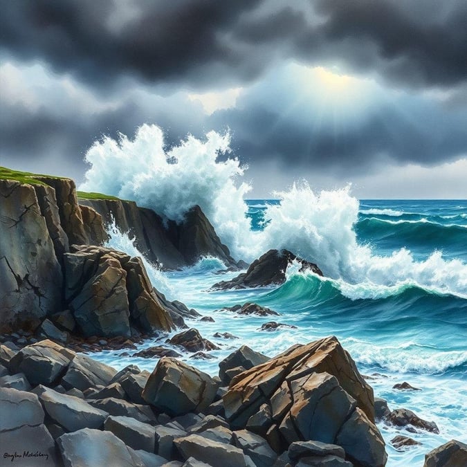 A dramatic ocean scene with towering waves against a rocky shore, under a cloud-filled sky. Ideal for desktop and mobile wallpapers.