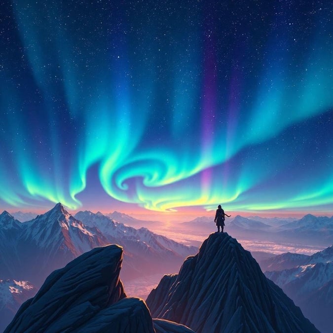 Experience the breathtaking beauty of an anime-style aurora borealis display on a mountain peak, with a lone ninja standing on a rocky outcrop in the foreground. The vibrant, colorful display of blue, green, and purple is set against a starry sky, creating a warm and captivating scene.