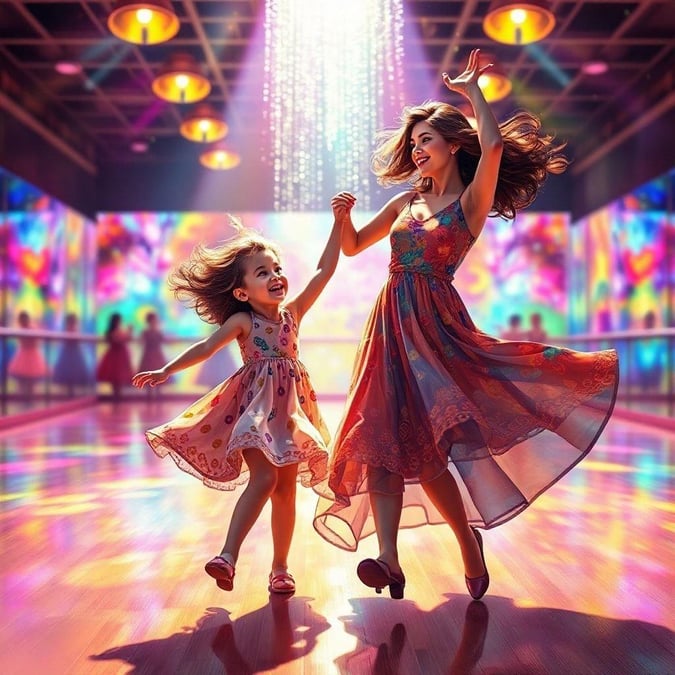 A heartwarming scene of a mother and daughter dancing together, capturing the joy and love of Mother's Day.