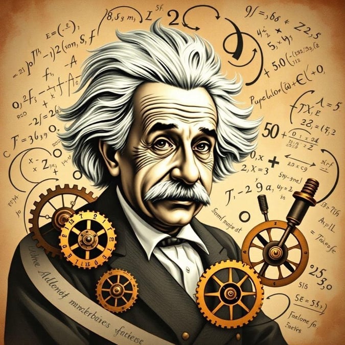 Step into the world of genius with this captivating wallpaper featuring Albert Einstein. The iconic physicist's face is surrounded by intricate gears and equations, symbolizing his groundbreaking contributions to science and mathematics. This image is a tribute to his enduring legacy and a reminder of the power of human ingenuity.