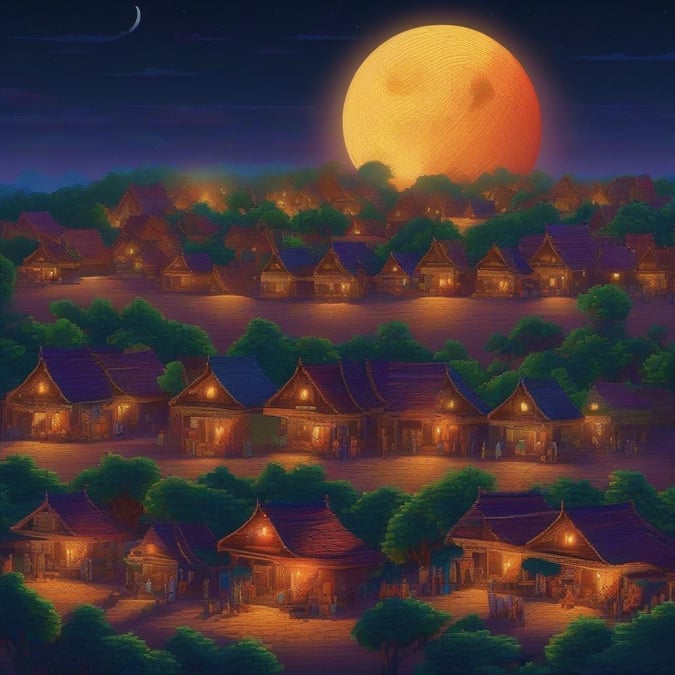 A picturesque village scene at night, with traditional houses illuminated by lanterns, set against the backdrop of a full moon.