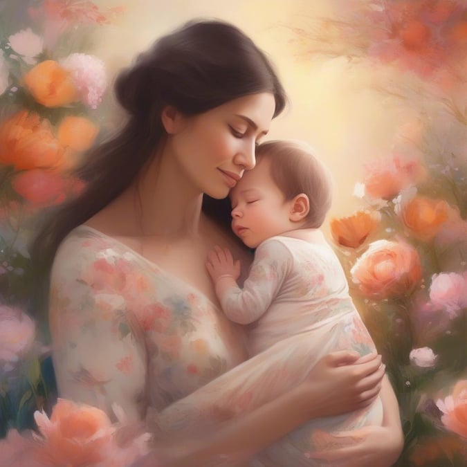 This tender image captures a mother's love, making it perfect for celebrating Mother's Day. The warm colors and floral backdrop create a serene atmosphere, ideal for a soothing wallpaper on your desktop or mobile device.