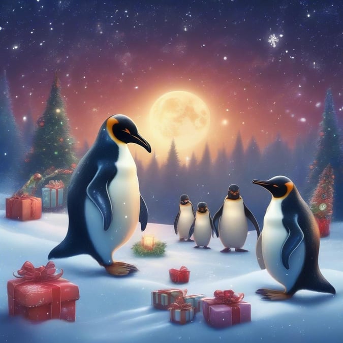 A heartwarming scene of penguins enjoying their festive holiday, gathered around presents with a full moon glowing in the background.