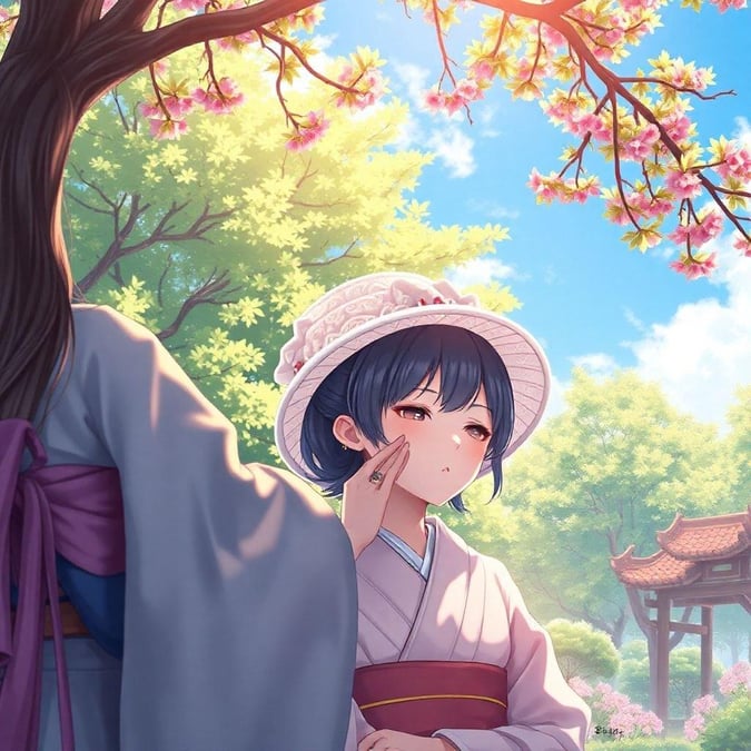 A serene anime character being prepared by a geisha in a beautiful garden, capturing a moment of tranquility.