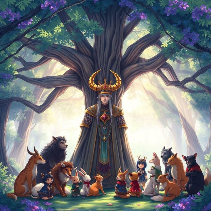 In this magical illustration, a royal figure commands attention at the center of a charming gathering. The animals, in reverence or curiosity, surround this mysterious entity. The setting is an enchanted forest with vibrant colors and dreamlike atmosphere.