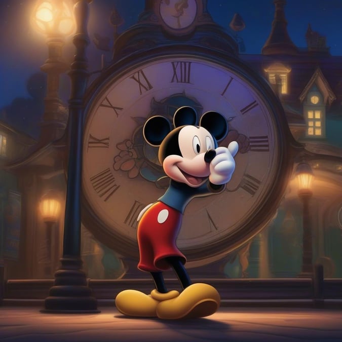 This image captures the iconic Disney character Mickey Mouse standing in front of a large clock, surrounded by the charm of a city street. The scene is filled with nostalgia and timelessness, making it a delightful addition to any desktop or mobile wallpaper.