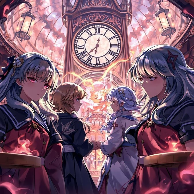 Step into a whimsical world where time stands still and magic unfolds. This anime-inspired digital illustration transports you to a fantastical cafe, where a group of schoolgirls gather beneath a majestic clock tower. Their faces aglow with wonder, they meet at the center of this enchanting space, surrounded by intricate patterns and a warm, ethereal glow. The clock tower's grandeur and the girls' joyful expressions create a sense of wonder and enchantment, inviting you to join in the celebration of time and friendship.