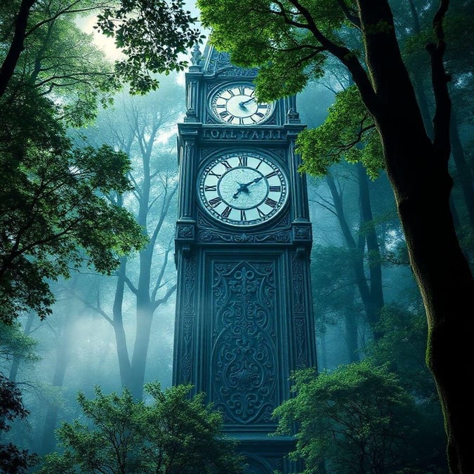 A majestic clock tower stands amidst misty forest, with an intricate design that speaks to timeless elegance. A perfect New Year's wallpaper for a touch of classic beauty.