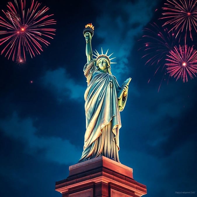 Celebrate Independence Day with this stunning wallpaper featuring the iconic Statue of Liberty. Perfect for desktop and mobile devices.