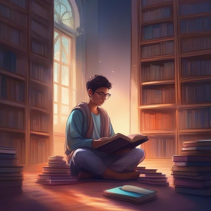 This image is perfect for anyone who loves to read and study. The young man in the library is surrounded by books and has a peaceful expression on his face, making it a great reminder to take time for yourself and focus on your studies.