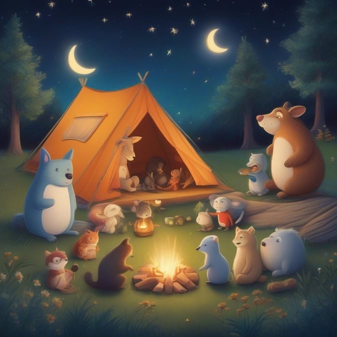 A cozy night at the campsite with cartoon bears and other forest friends, under a starlit sky.