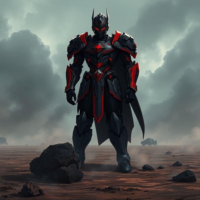 Experience the gritty realism of a post-apocalyptic world with this anime-inspired wallpaper featuring a lone knight in black and red armor standing amidst a smoky, muddy field.