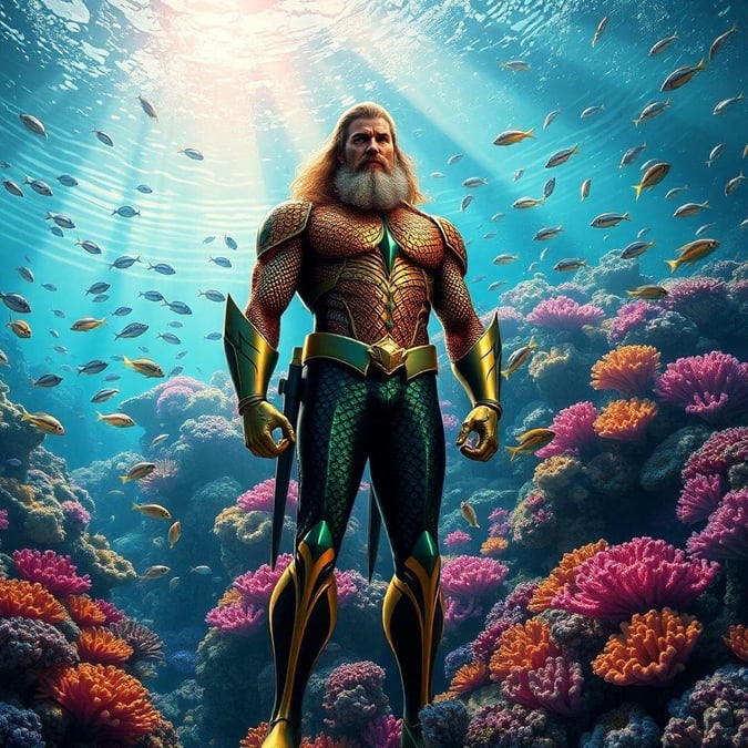 Dive into the underwater world of Aquaman with this stunning wallpaper featuring the King of the Seven Seas surrounded by his oceanic allies.