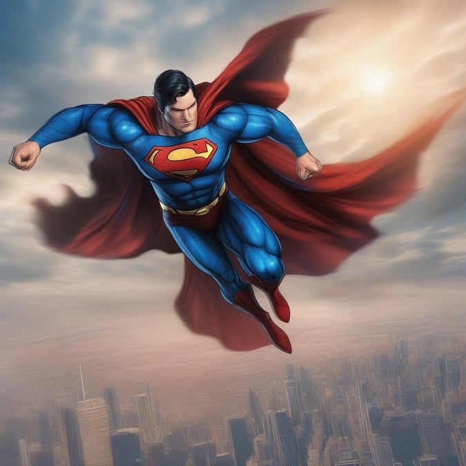 See the Man of Steel soaring above the Metropolis skyline, embodying the spirit of a true superhero.