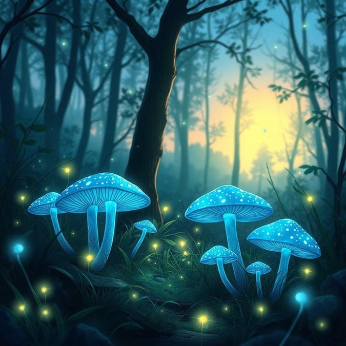 This stunning digital artwork captures the enchanting beauty of a forest at dusk, where glowing mushrooms add a touch of magic to the scene.