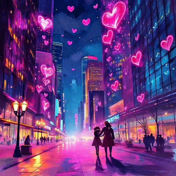 A beautiful Valentine's Day wallpaper featuring a couple walking hand in hand down a street filled with pink hearts, set against a backdrop of tall buildings and streetlights.