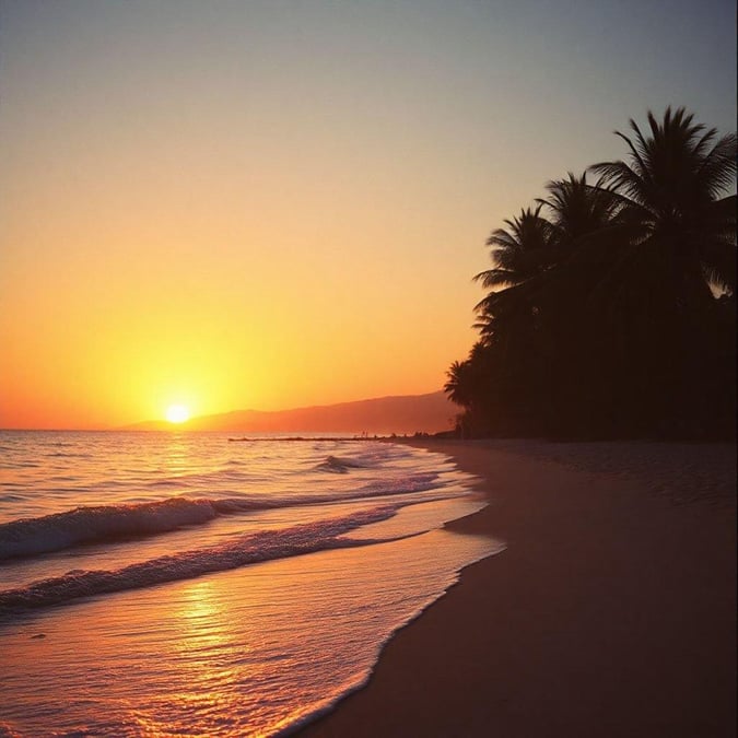 A peaceful beach scene at sunset, with the sun dipping into the ocean and casting a warm glow on the sand and water.