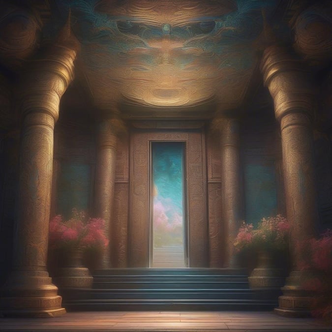 An ancient temple doorway with ornate pillars, inviting you into a serene oasis of tranquility.