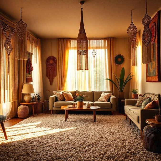 This living room exudes warmth and comfort with its eclectic mix of vintage furniture, textured rugs, and soft lighting. The bright window allows natural light to fill the space, highlighting the unique decor elements that bring a sense of nostalgia.