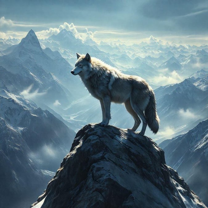 This majestic wolf stands atop a mountain peak, surveying its surroundings with an air of calm strength. The backdrop is a breathtaking view of snow-capped peaks and a clear sky, giving this image a serene yet powerful vibe that makes it perfect for your desktop or mobile device.