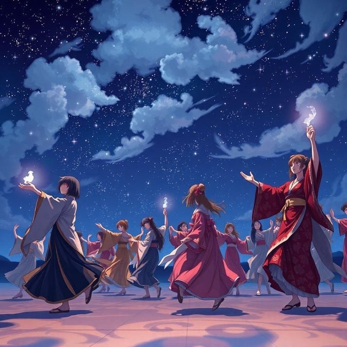 A beautiful anime-style wallpaper featuring a group of people dancing under the star-filled night sky, surrounded by traditional Japanese attire and yurei spirits.