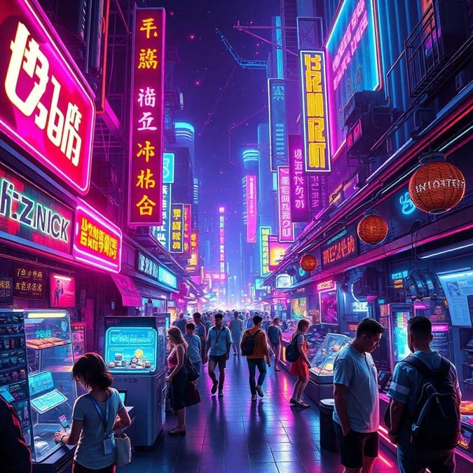 Welcome to the bustling cyberpunk nightlife of a futuristic Chinatown. Neon lights illuminate the crowded streets as people go about their nightly activities, from shopping at quirky stores and enjoying street food to exploring the vibrant scene.