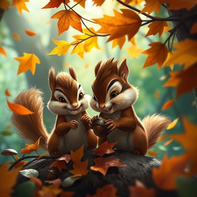 Two lovable chipmunk friends share a warm moment amidst the crisp fall foliage.