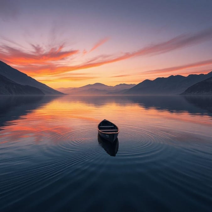 A serene scene of a solitary boat floating on tranquil waters during the beautiful transition from day to night. The calm expanse of the lake is mirrored in the water's surface, enhanced by the soft glow of the sunset and the playful dance of clouds.