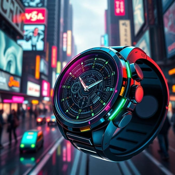 Stylish and futuristic watch that blends into the neon-lit city of tomorrow.