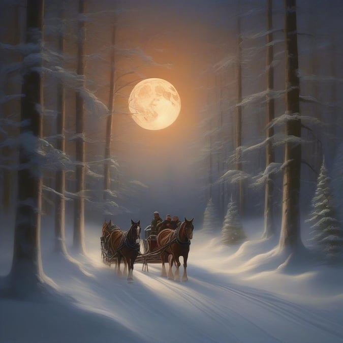 A group enjoys a winter night in the forest under a full moon.