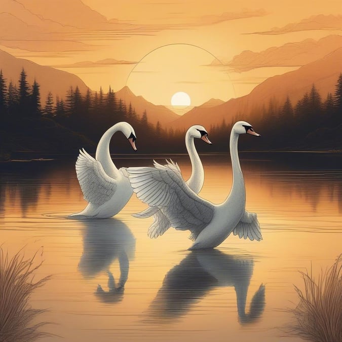 Discover the beauty of nature in this romantic wallpaper featuring two elegant swans gracefully gliding across a serene lagoon. The backdrop is a picturesque sunset, casting a warm glow over the tranquil waters and surrounding woods, creating a perfect setting for wedding or anniversary celebrations.