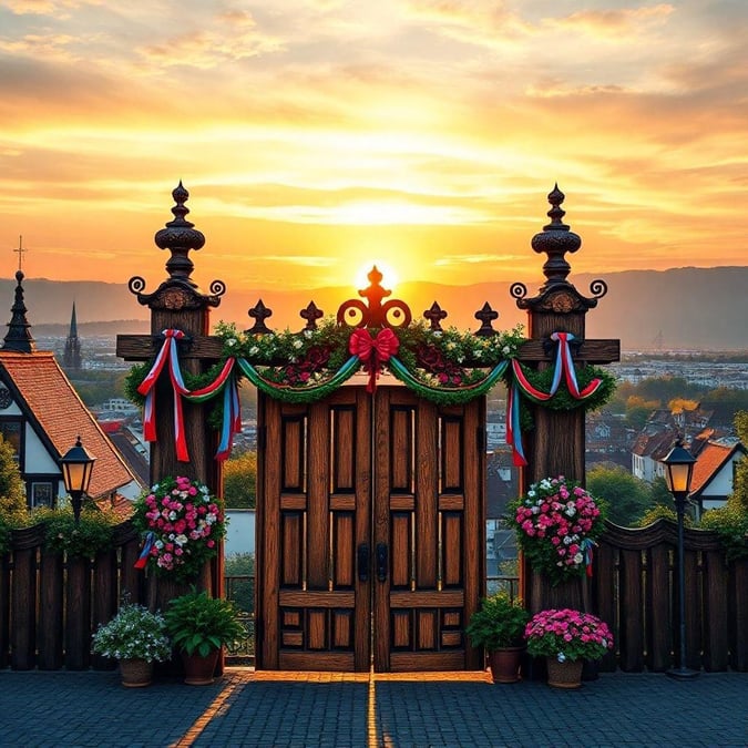 A picturesque gateway with festive decorations welcoming visitors to the traditional Bavarian festival.