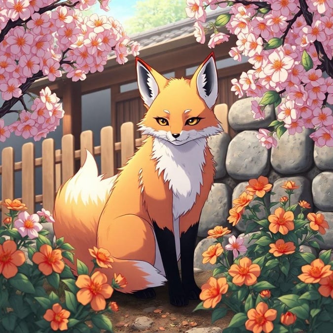 A beautiful anime illustration of a fox spirit surrounded by a lush garden of cherry blossoms and orange flowers, set in a traditional Japanese garden with a wooden fence and a stone wall.